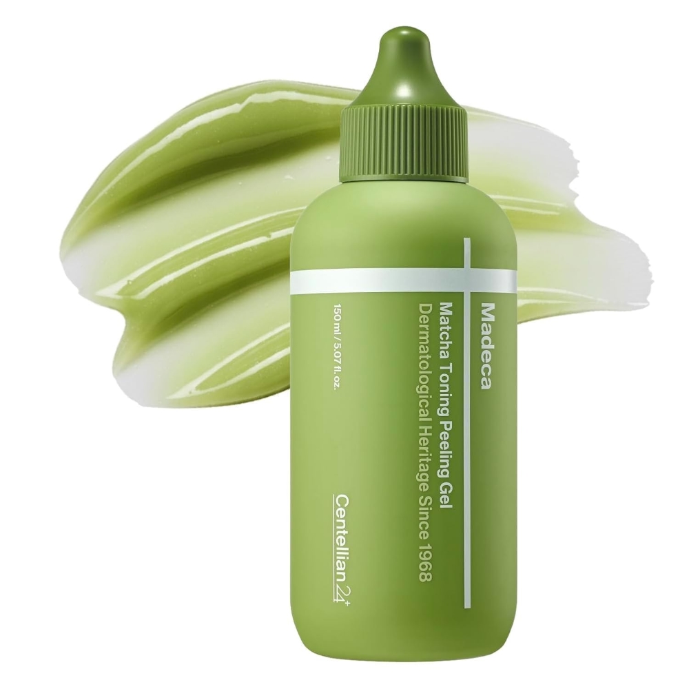 Пилинг-скатка Centellian24 Madeca Matcha Toning Peeling Gel флакон и текстура геля.