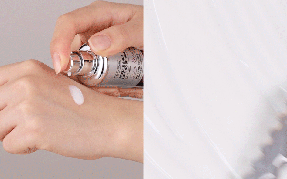 VT Cosmetics Reedle Shot Lifting Serum videotutvustus: toote tekstuuri ja käenahale kandmise protsessi demonstreerimine.