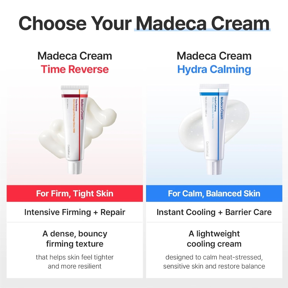 Сравнение кремов Centellian24 Madeca: Time Reverse для упругости и Hydra Calming для увлажнения и восстановления барьера